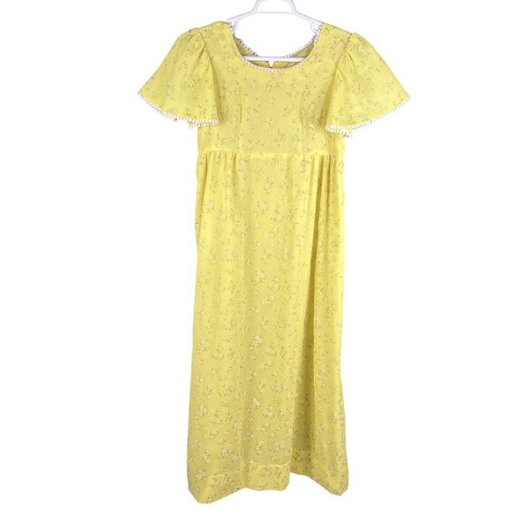 70s Yellow S Floral Textured Empire Waist Maxi Dress Flutter Sleeves Cottagecore - Picture 10 of 16